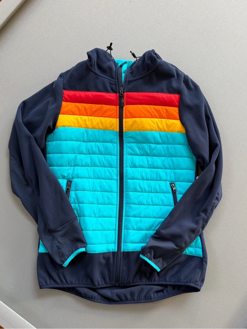 Women’s Colorblock hooded Puffer Jacket in Aqua and Navy size Large/8